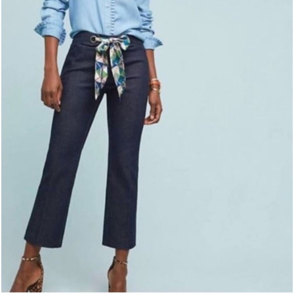 ~ Anthropologie 12 "The Essential Crop Flare" Dk Blue Wash Scarf Tie Denim Jeans